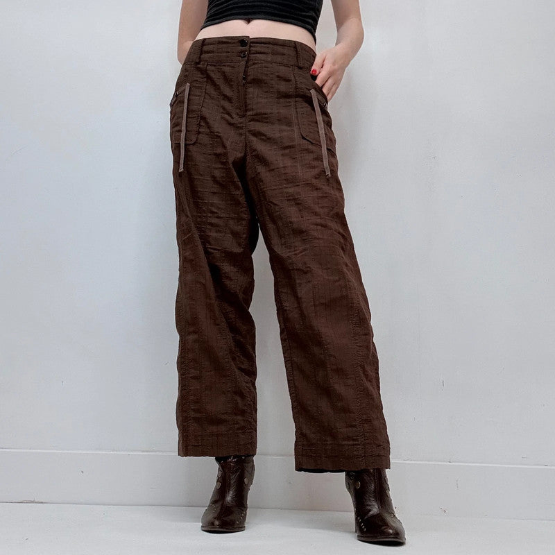 brown checked textured wide-leg utility pants