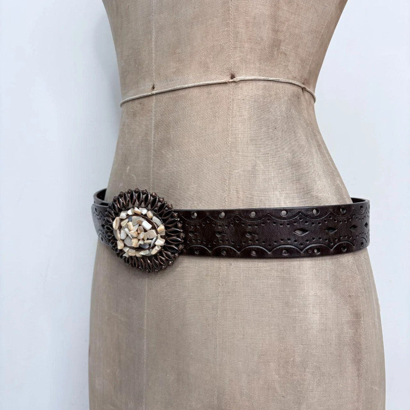 brown leather embossed boho western belt