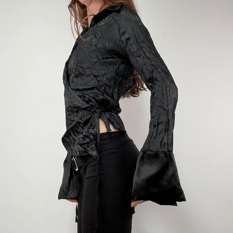 black crinkle satin cropped wrap shirt