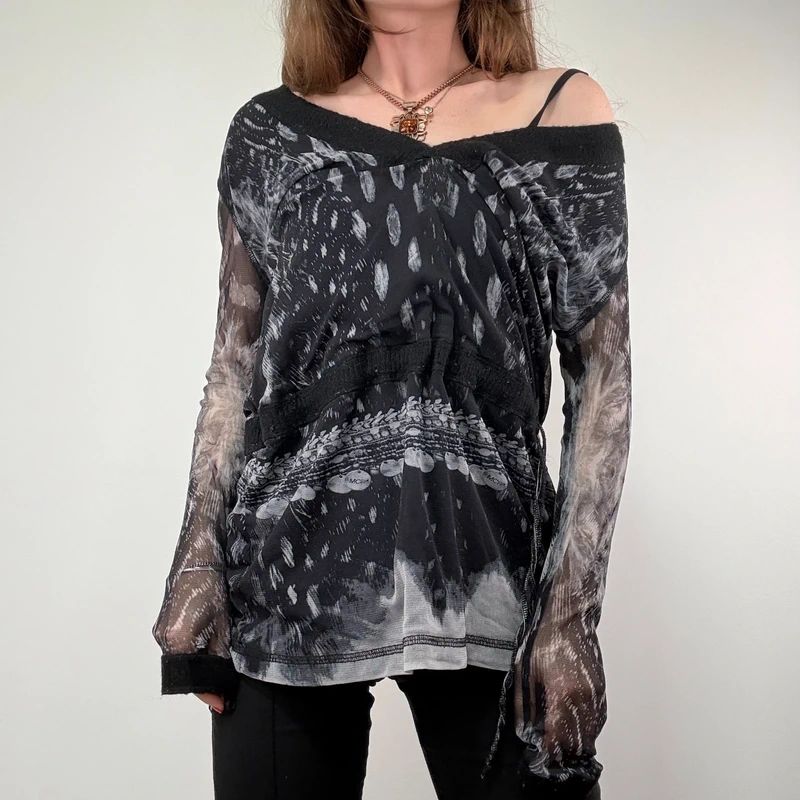 Slouchy wide neck Mohair printed Top