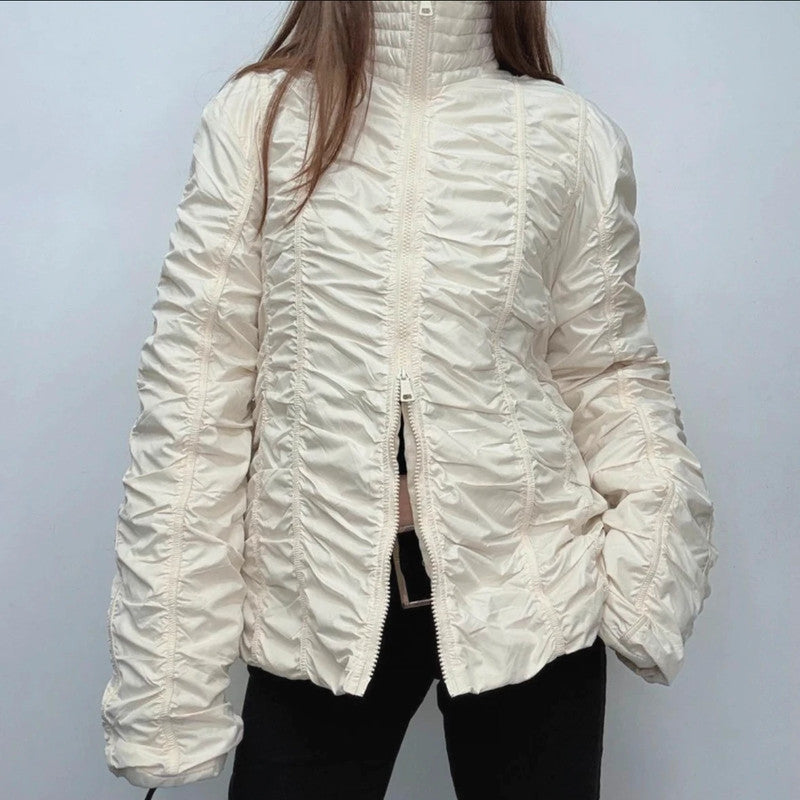 Pleated gathered cinched cream puffer jacket
