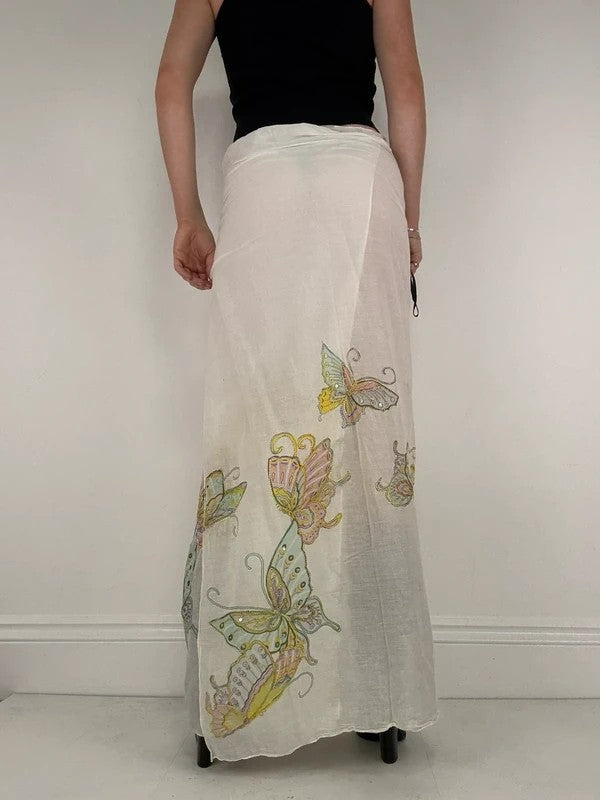 White cotton sheer butterfly summer maxi cover-up