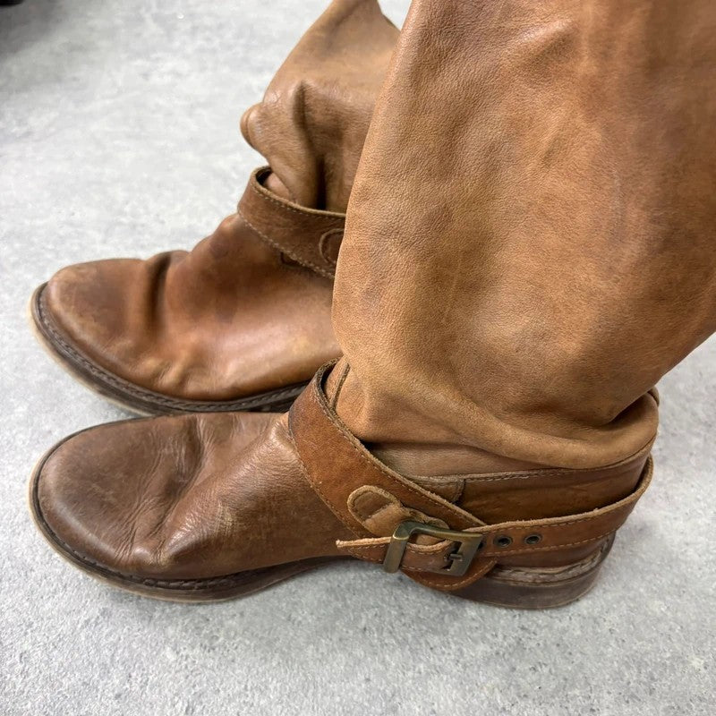 Tan leather buckle biker boots