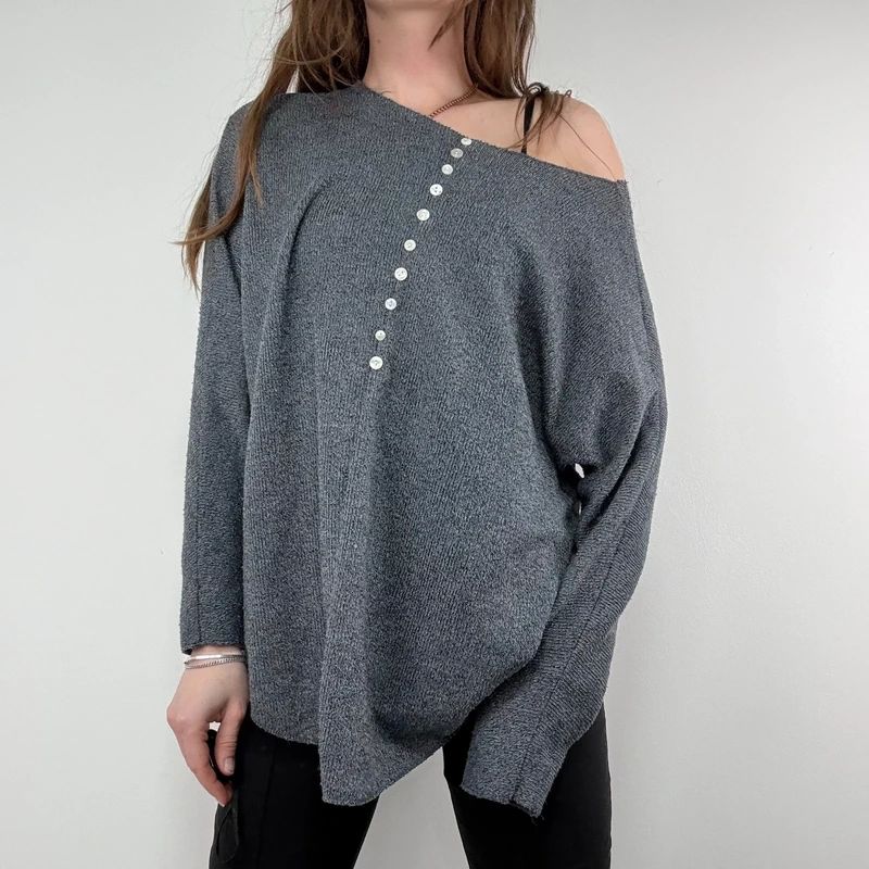 grey henley button detailed slouchy off the shoulder t-shirt