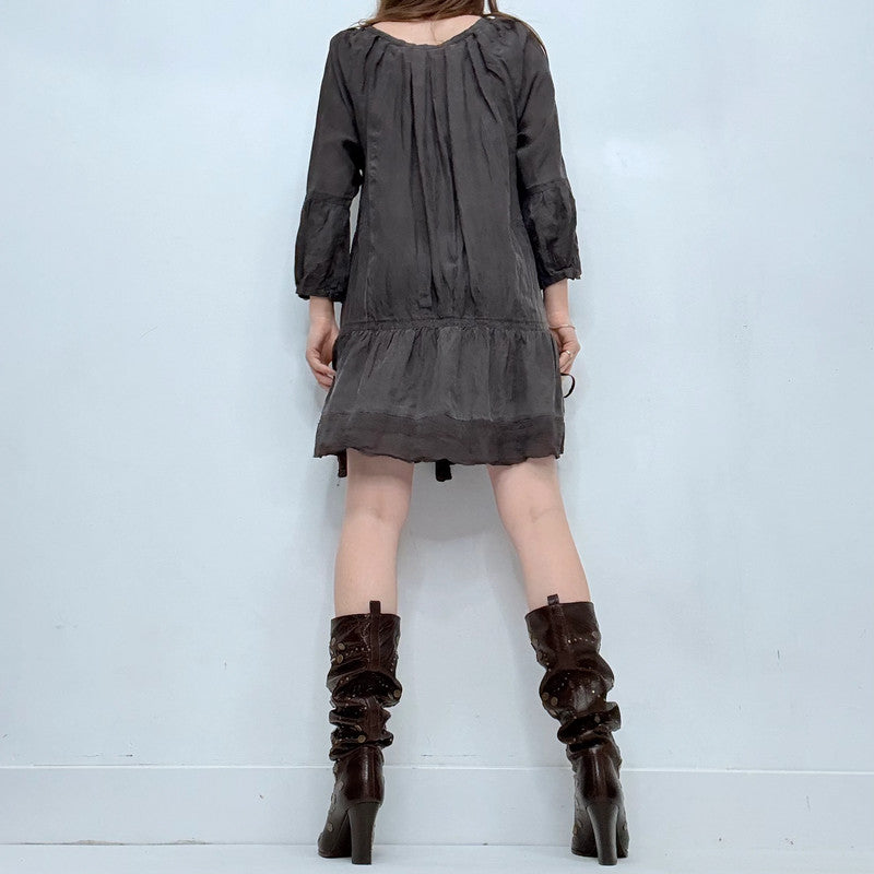 Grey silk pleated flared mini dress
