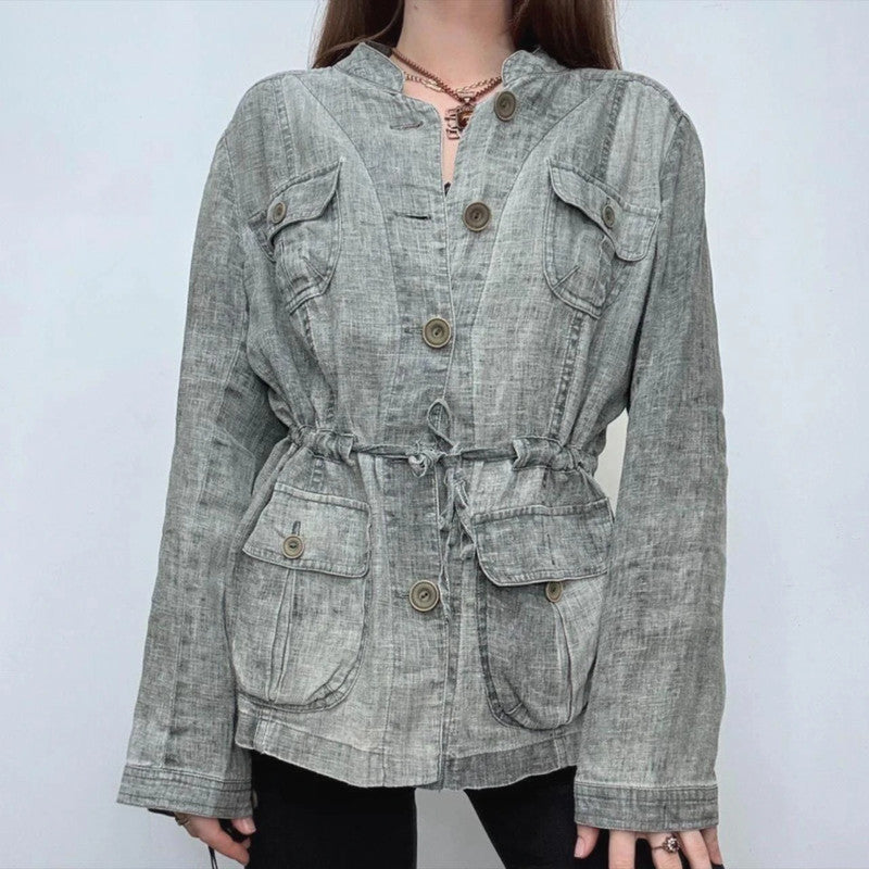 grey linen distressed cinched cargo shirt