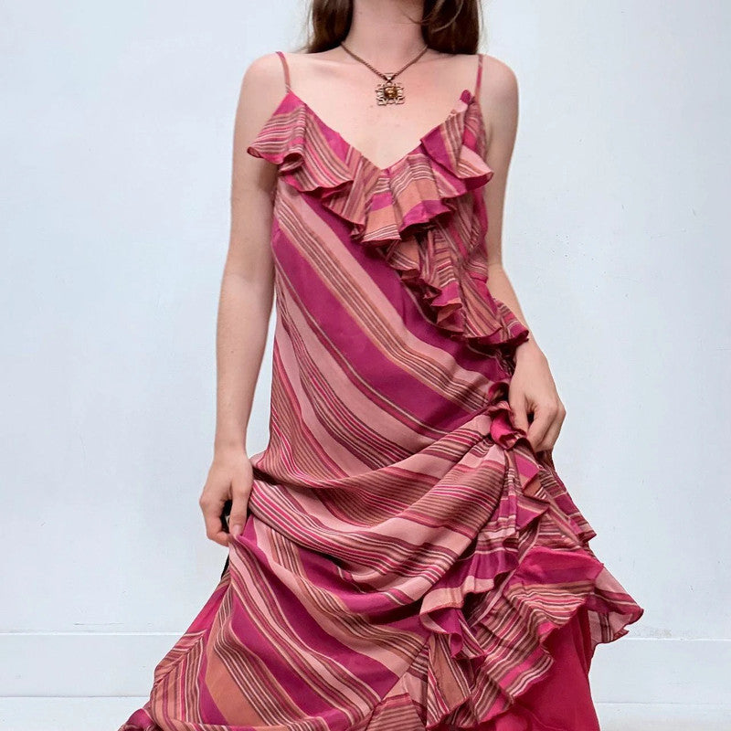 silk bias cut pinstripe silk maxi dress
