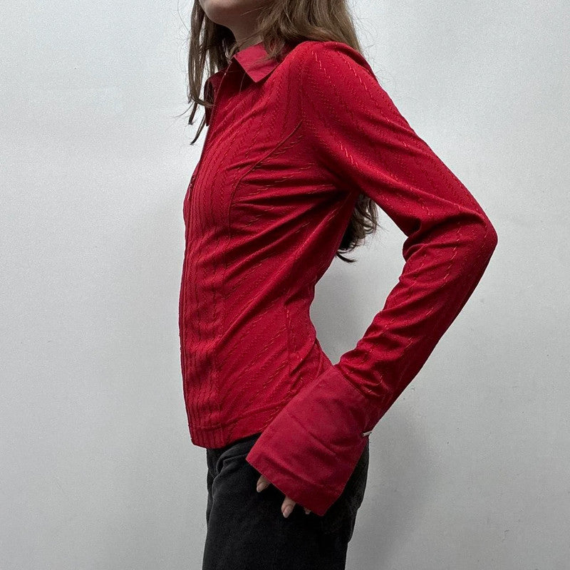 red zip up pinstripe flared shirt