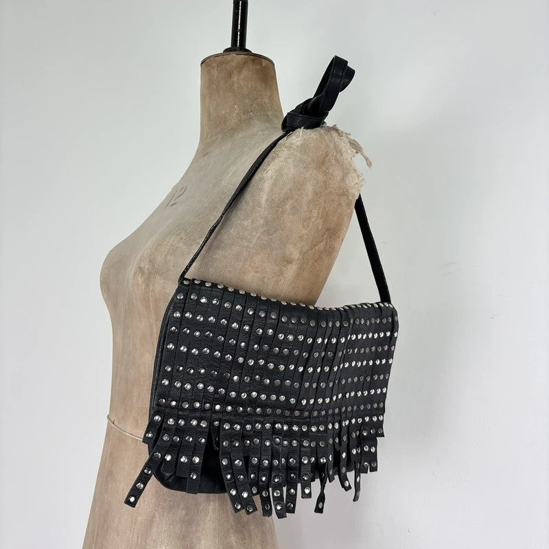 Black leather studded tassel crossbody bag