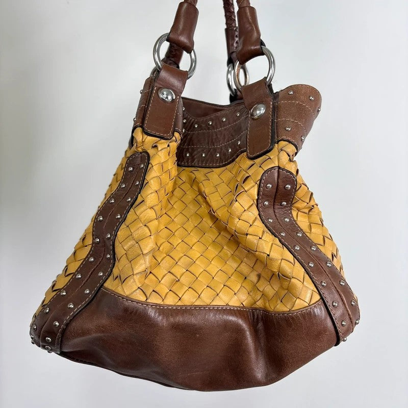Woven leather brown Karen millen studded handbag