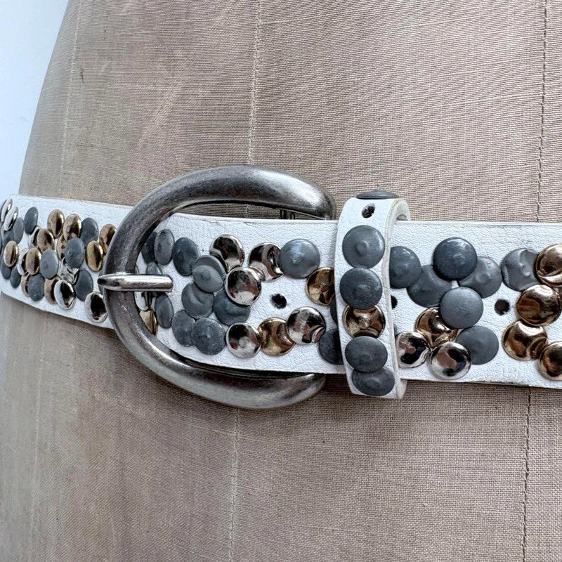 white leather studded metal belt