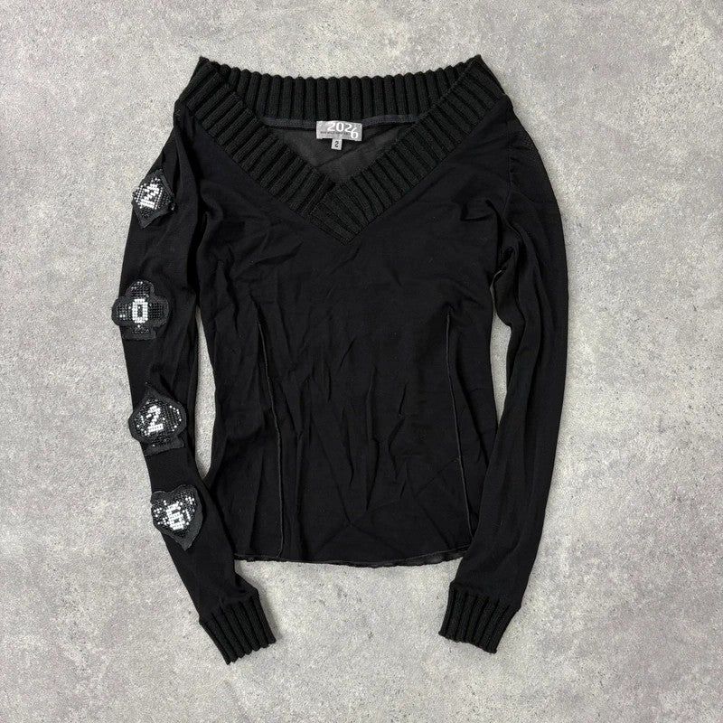 black layered mesh long sleeve slouchy rib top 2026