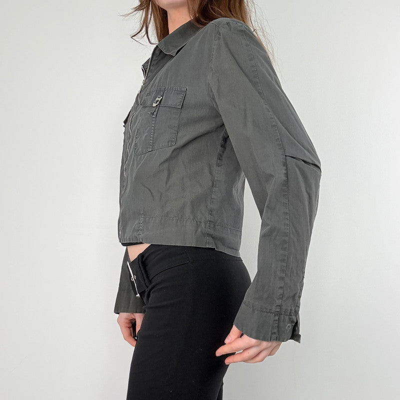khaki zip through cropped utility jacket
