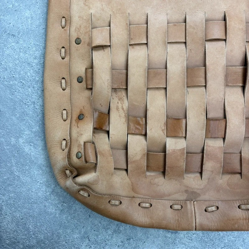 Beige leather woven distressed shoulder bag