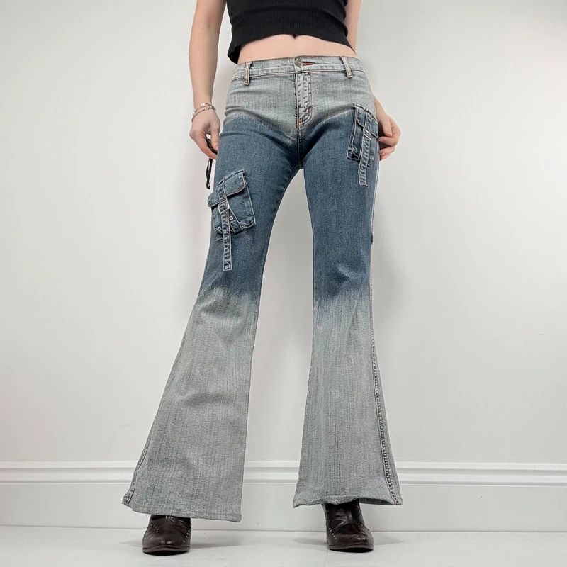 distressed fade flared jeans