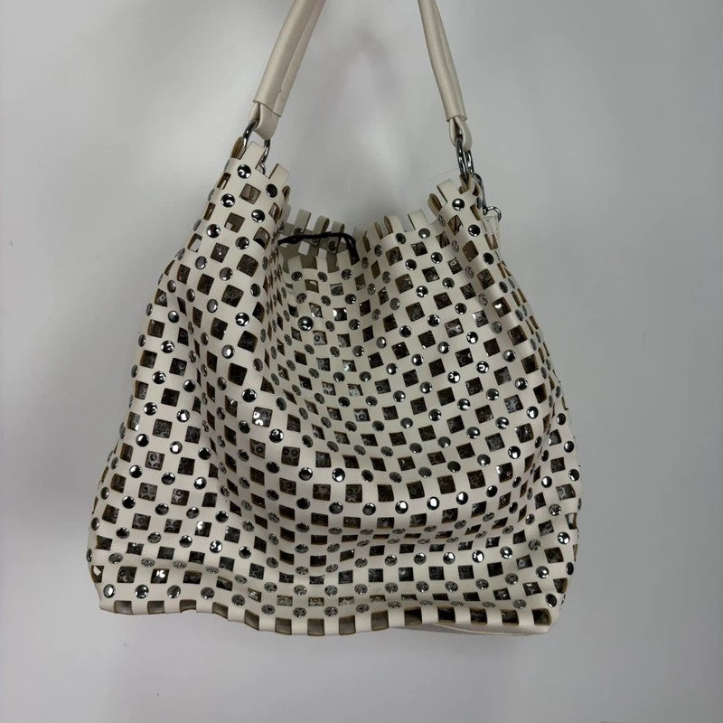 Studded faux-leather woven glitter hobo bag