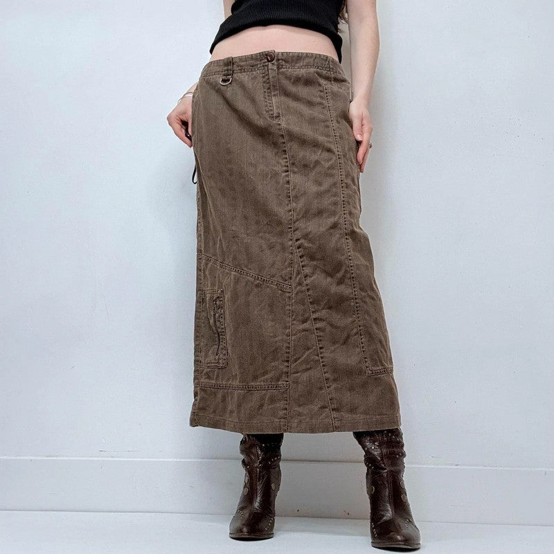 khaki brown pinstripe a-line maxi skirt