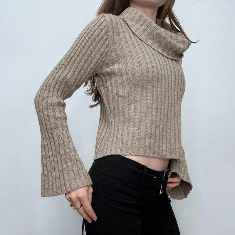 tan ribbed flared fold-over neck jumper