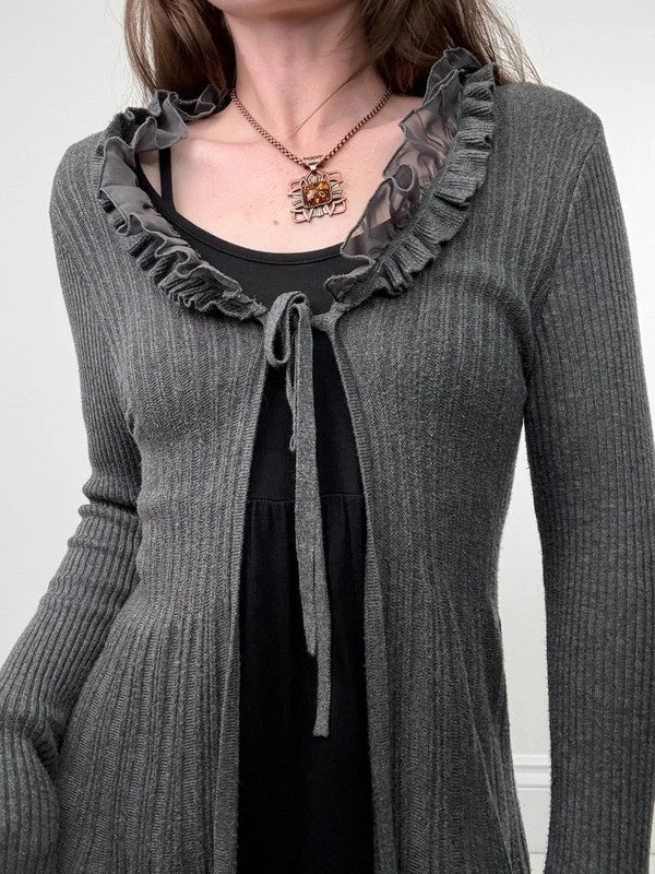 ribbed knit flutter grey long ruffle cardigan
