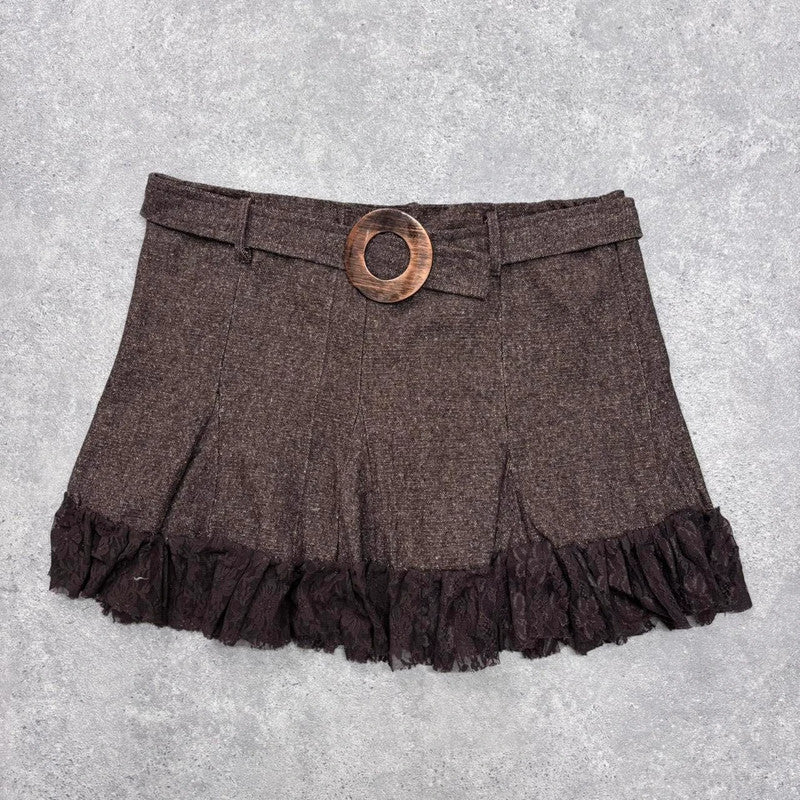 lace tweed brown mini ruffle skirt