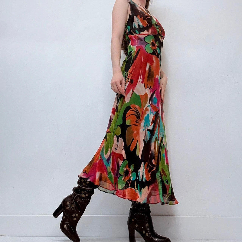 graphic patterned bias cut maxi dress