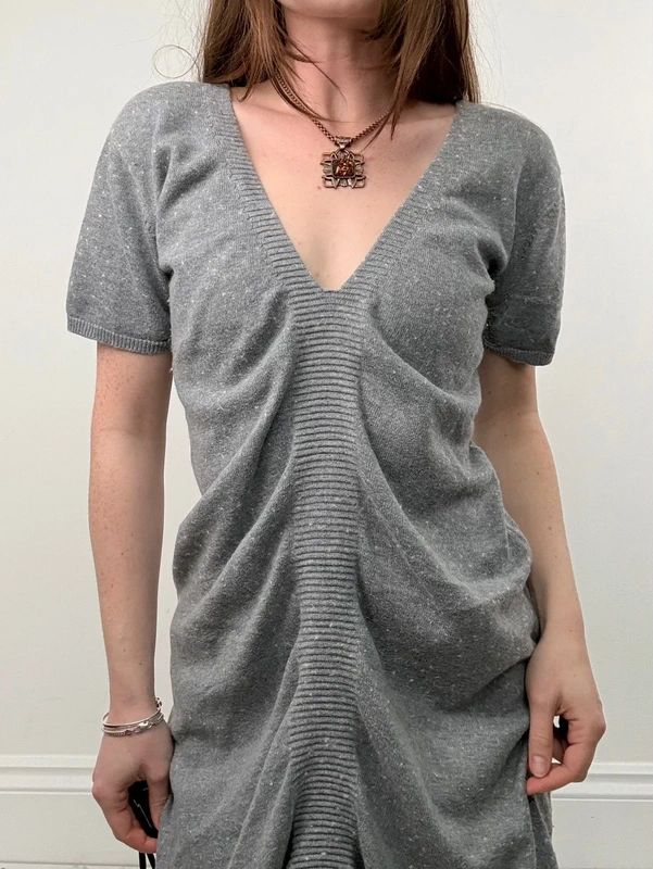 grey gathered draped front asymmetric dress