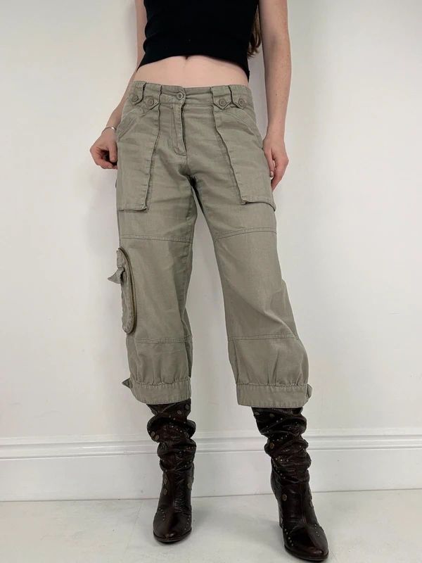 khaki linen cropped pleated capri utility pants
