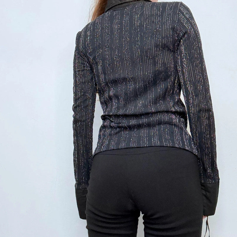 black pinstripe flared office shirt