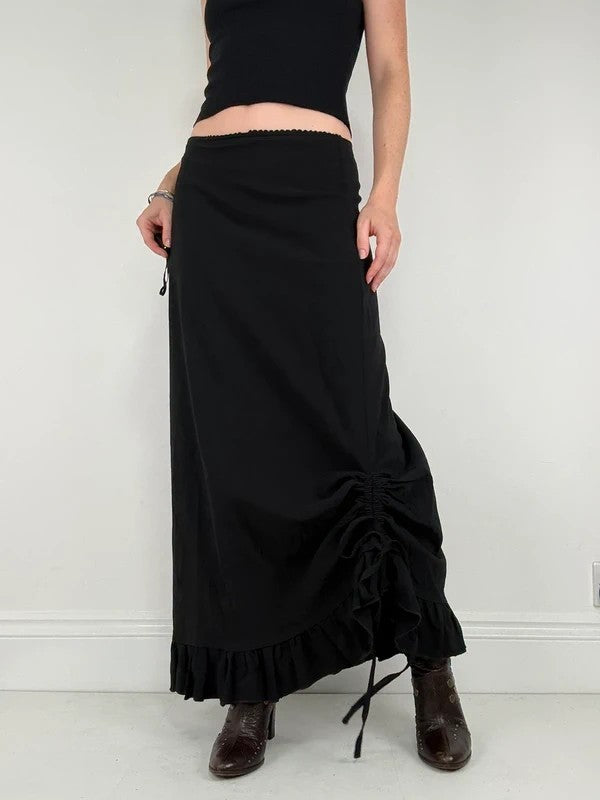 Low waisted black cinched ruffle maxi skirt