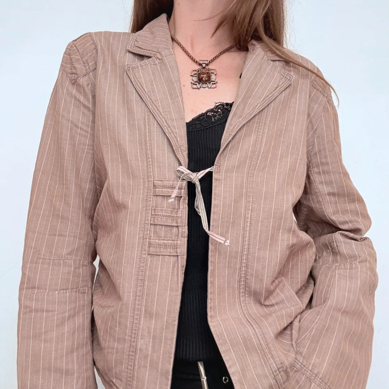 brown pinstripe fitted linen/cotton boxy pleated jacket