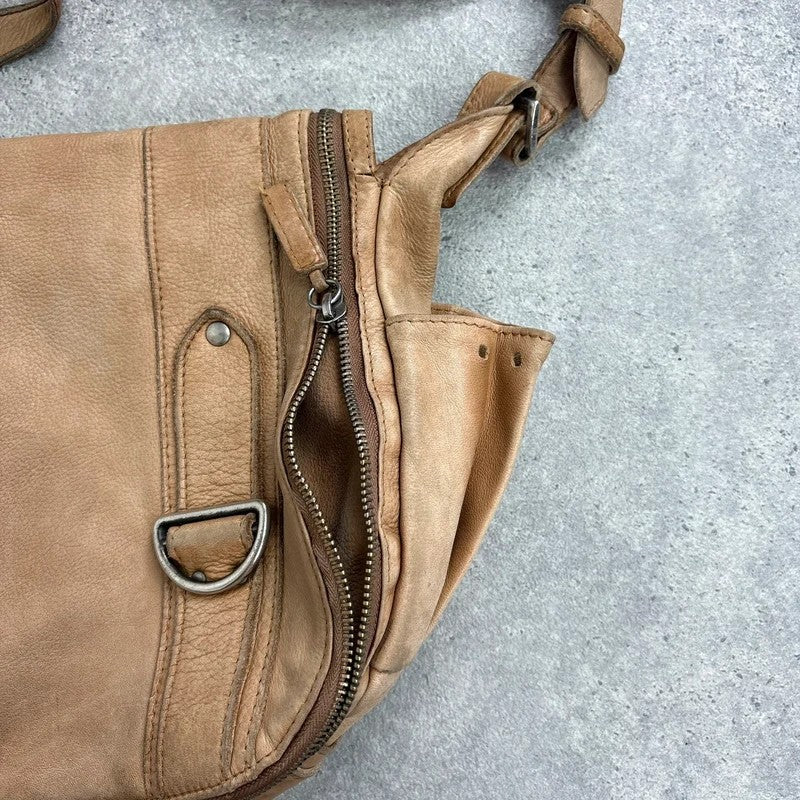Tan distressed leather zip city crossbody D-ring bag