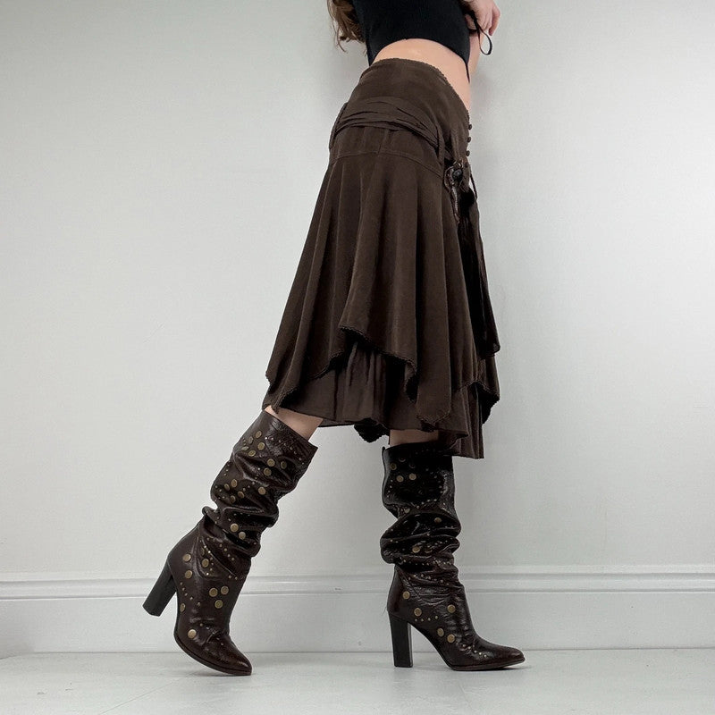 brown layered pleated midi skirt