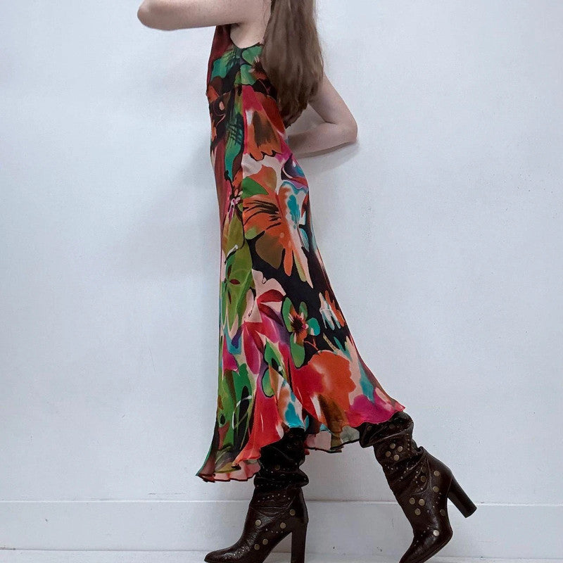 graphic patterned bias cut maxi dress