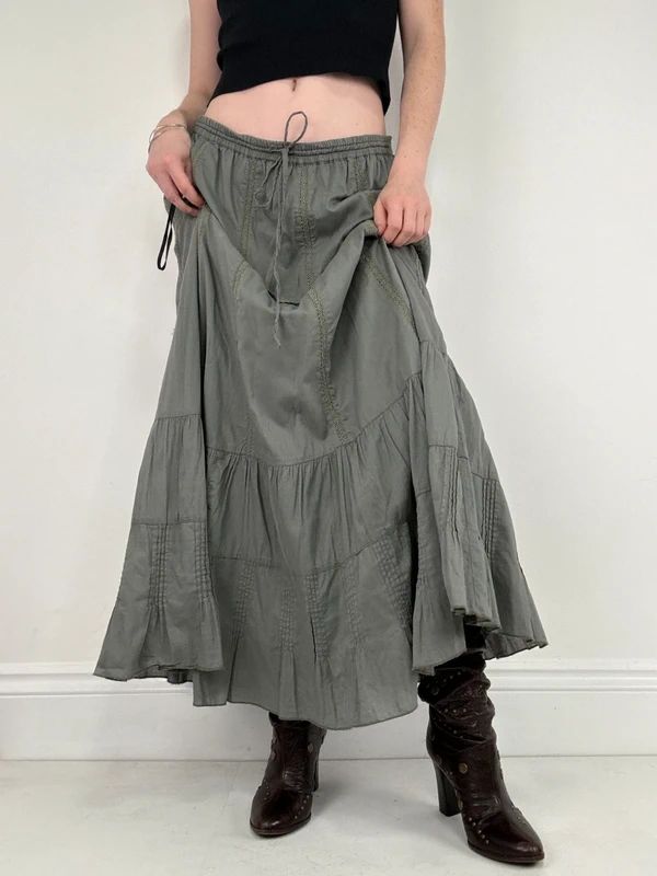 Monsoon khaki cotton flared maxi skirt