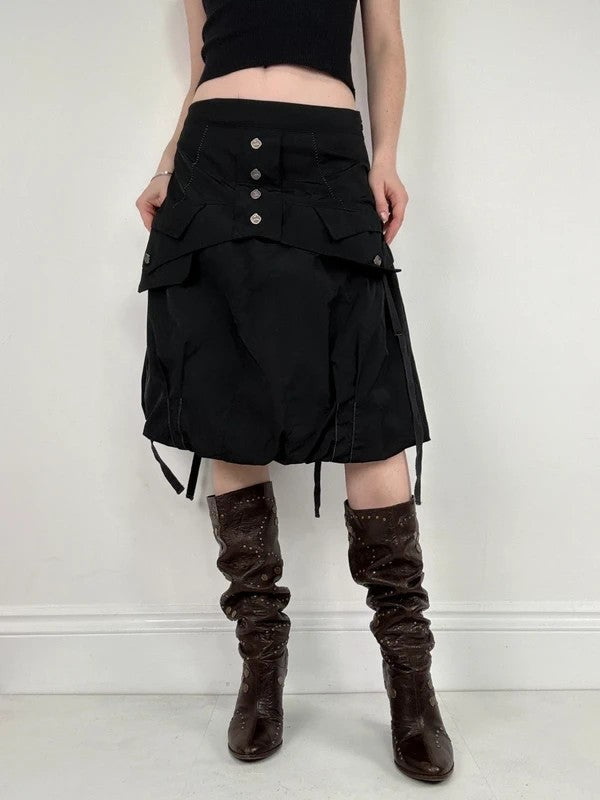 black grunge puff midi skirt