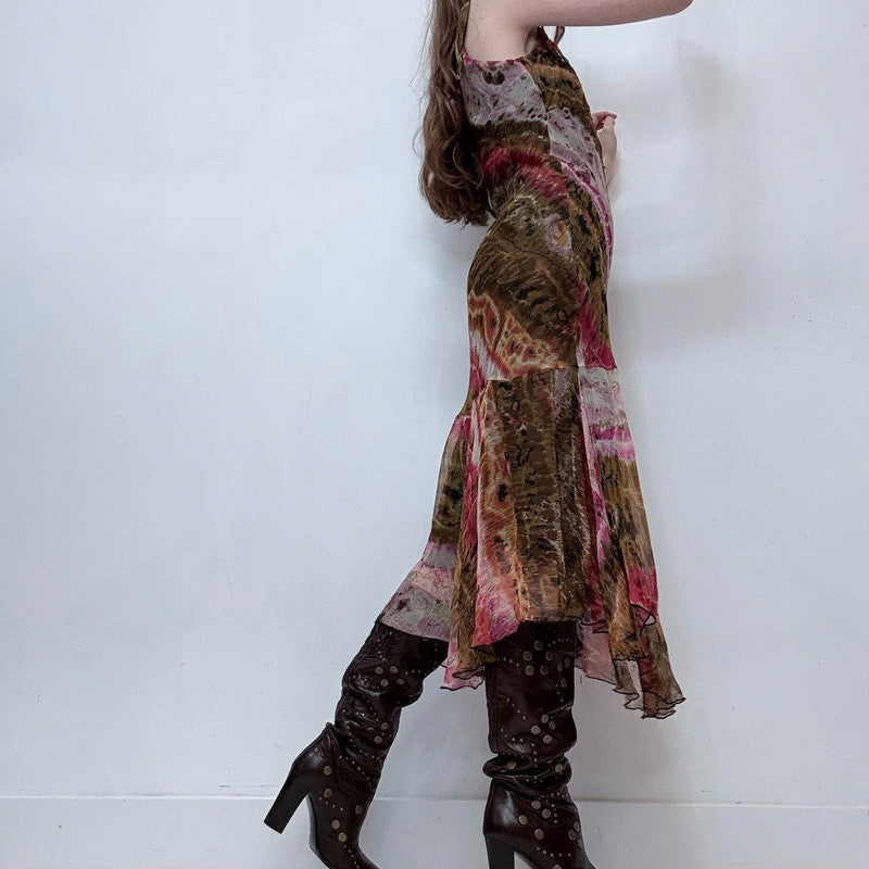 bias cut distressed printed earthy tone midi dress
