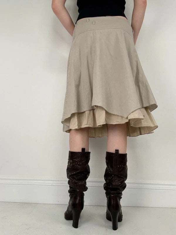 beige linen flared layered midi skirt