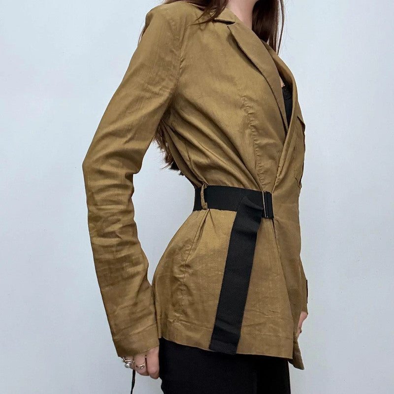 tan asymmetric buckle shirt