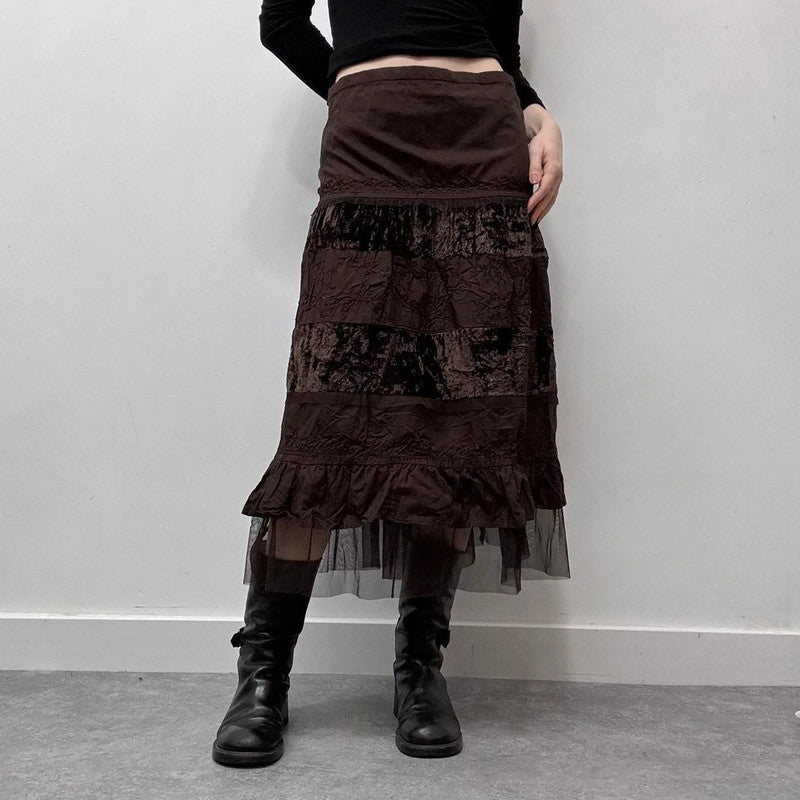 brown velvet lace midi skirt