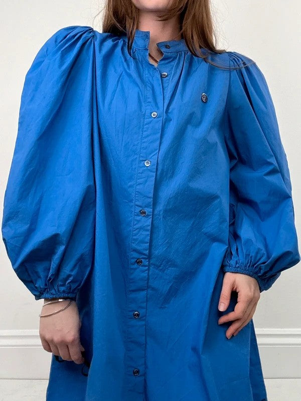 Blue cotton button puff midi shirt dress