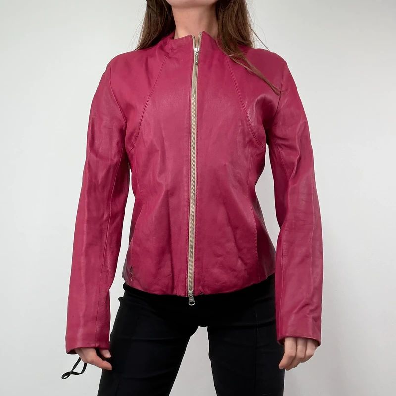 fitted 90s pink leather zip-up jacket