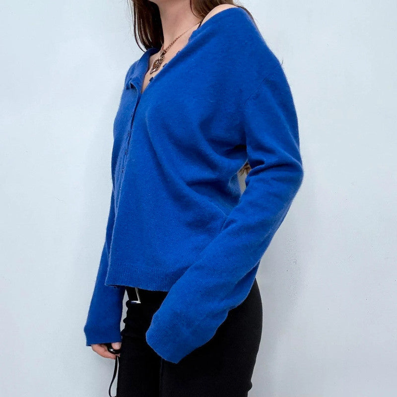 blue cashmere button up slash neck cardigan