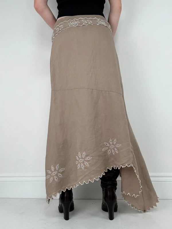 Beige linen boho western asymmetrical flared maxi skirt