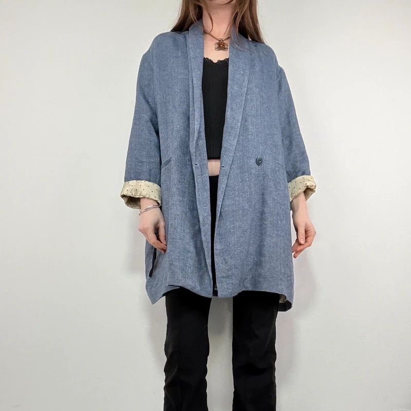 blue linen slouchy oversized long blazer
