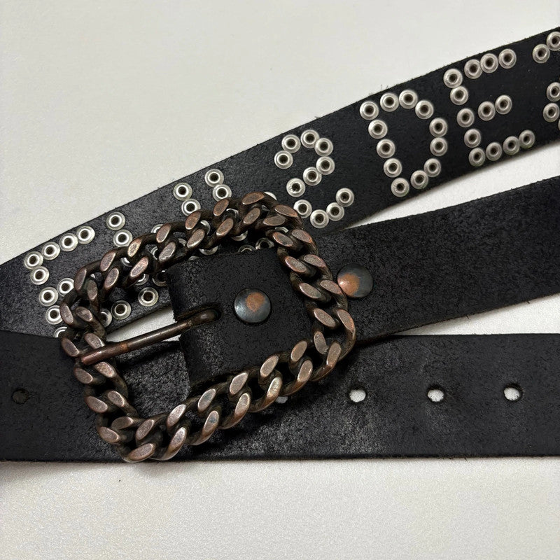 black leather studded spellout belt