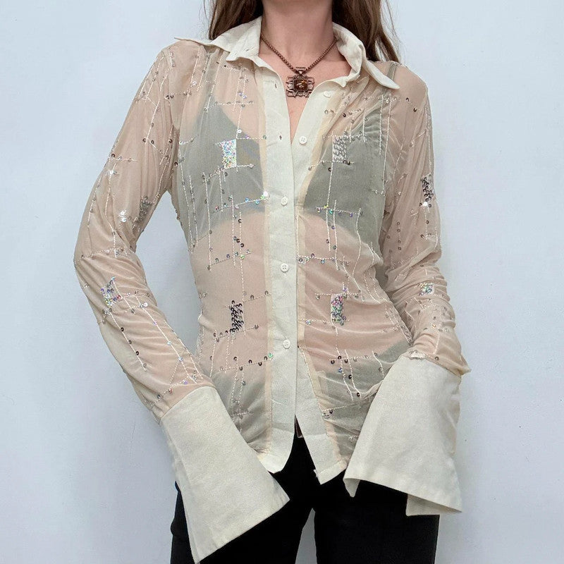 sheer mesh flared embroidered shirt