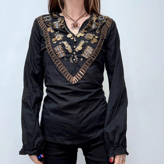black flared coin hippie shirt