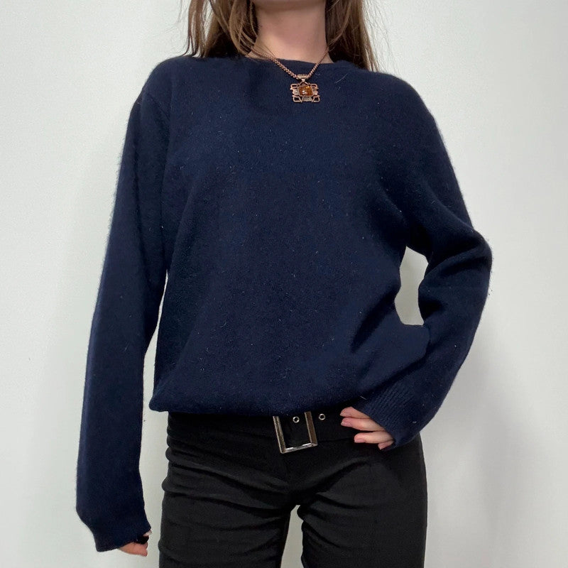 Navy blue cashmere knit crewneck jumper