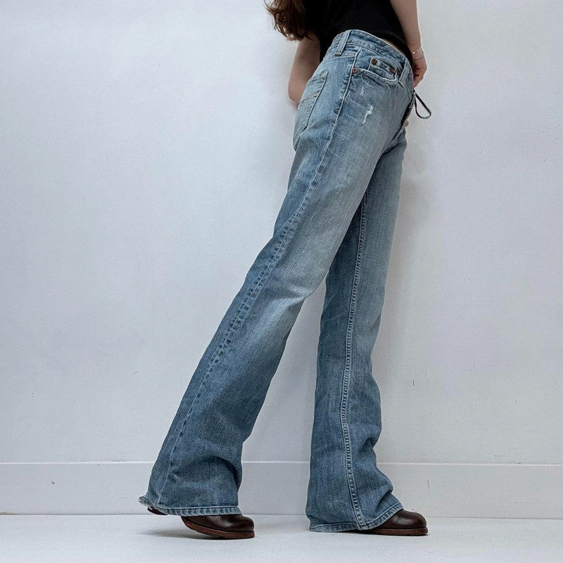 distressed flared leg low rise jeans