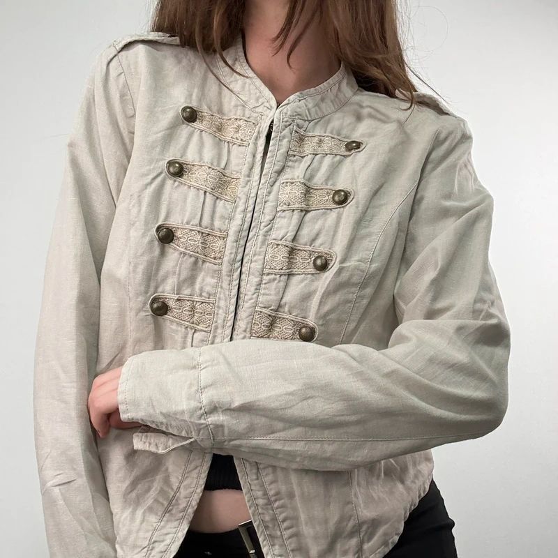 cotton khaki distressed button military jacket
